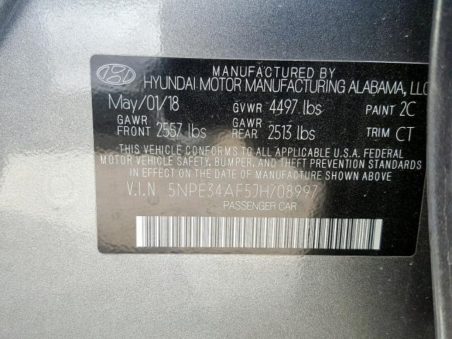 5NPE34AF5JH708997 - 2018 HYUNDAI SONATA SPO GRAY photo 10