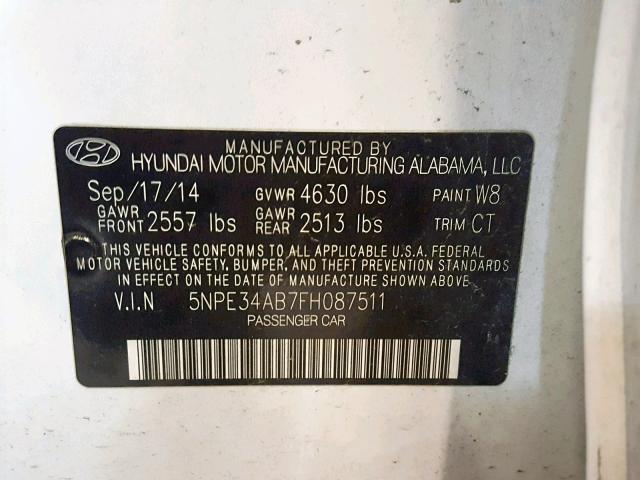 5NPE34AB7FH087511 - 2015 HYUNDAI SONATA SPO WHITE photo 10