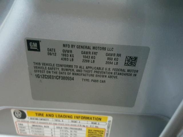 1G1ZC5E01CF380934 - 2012 CHEVROLET MALIBU 1LT SILVER photo 10