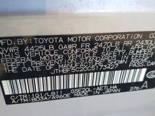 JTHBF5C20C5173427 - 2012 LEXUS IS 250 SILVER photo 10