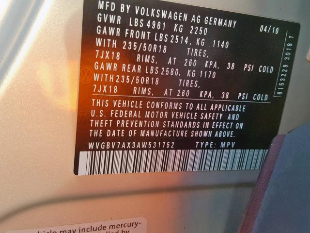 WVGBV7AX3AW531752 - 2010 VOLKSWAGEN TIGUAN SE SILVER photo 10