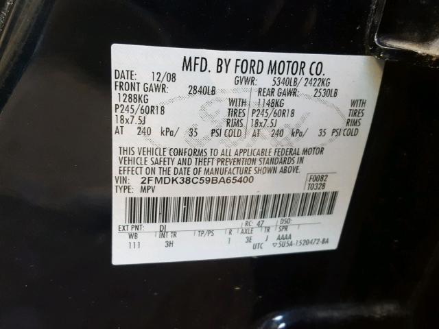 2FMDK38C59BA65400 - 2009 FORD EDGE SEL BLACK photo 10