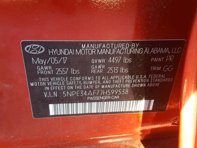 5NPE34AF7JH599538 - 2018 HYUNDAI SONATA SPO RED photo 10