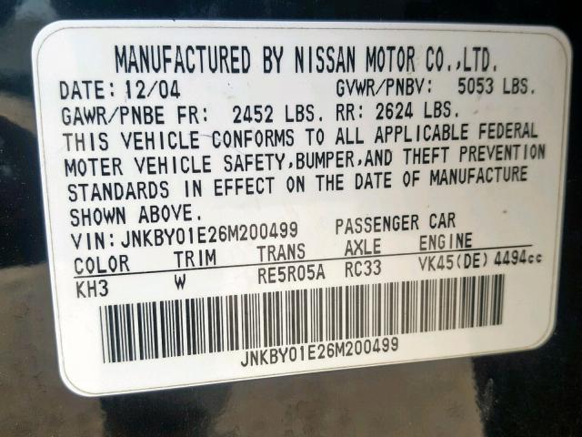 JNKBY01E26M200499 - 2006 INFINITI M45 BASE BLACK photo 10