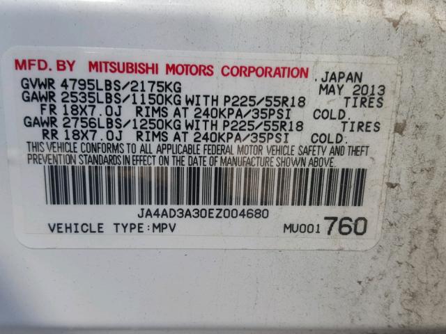 JA4AD3A30EZ004680 - 2014 MITSUBISHI OUTLANDER WHITE photo 10