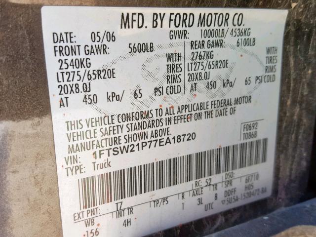 1FTSW21P77EA18720 - 2007 FORD F250 SUPER CHARCOAL photo 10