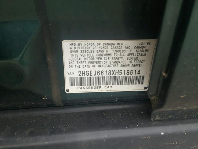 2HGEJ6618XH518614 - 1999 HONDA CIVIC BASE Yaşıl foto 10