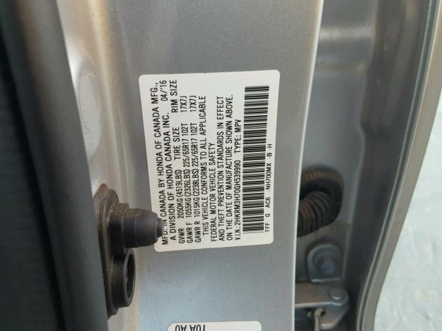 2HKRM3H70GH539990 - 2016 HONDA CR-V EXL SILVER photo 10