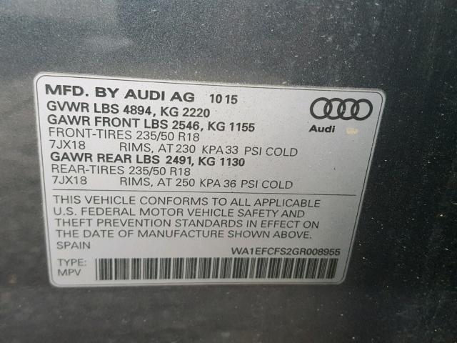 WA1EFCFS2GR008955 - 2016 AUDI Q3 PREMIUM GRAY photo 10