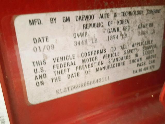 KL2TD66E69B643111 - 2009 PONTIAC G3 RED photo 10