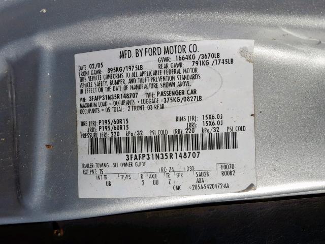 3FAFP31N35R148707 - 2005 FORD FOCUS ZX3 GRAY photo 10