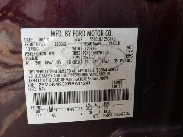 2FMDK4KCXBBA11241 - 2011 FORD EDGE LIMIT MAROON photo 10