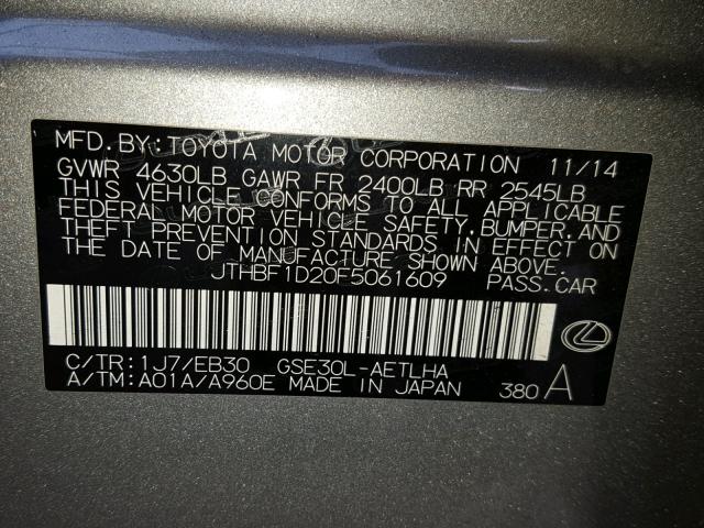 JTHBF1D20F5061609 - 2015 LEXUS IS 250 SILVER photo 10