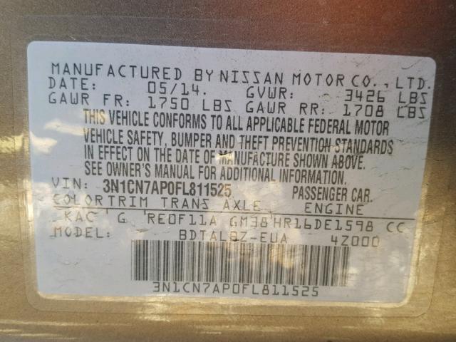 3N1CN7AP0FL811525 - 2015 NISSAN VERSA S GRAY photo 10