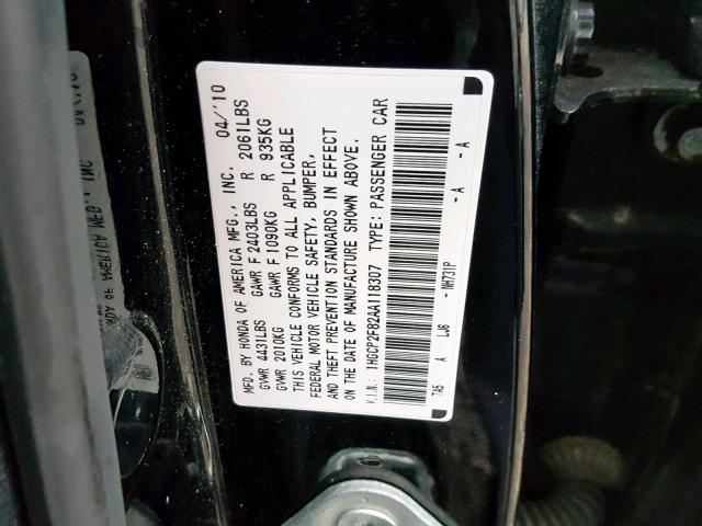 1HGCP2F82AA118307 - 2010 HONDA ACCORD EXL BLACK photo 10