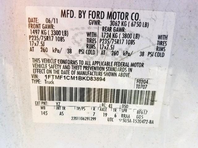 1FTMF1CM1BKD83894 - 2011 FORD F150 WHITE photo 10