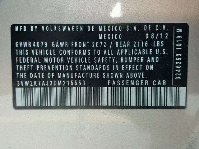 3VW2K7AJ3DM215553 - 2013 VOLKSWAGEN JETTA BASE Թուխ լուսանկար 10