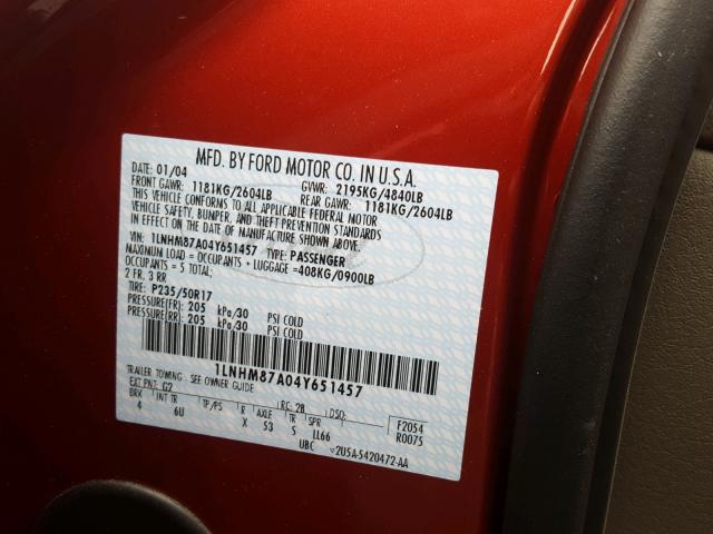 1LNHM87A04Y651457 - 2004 LINCOLN LS RED photo 10