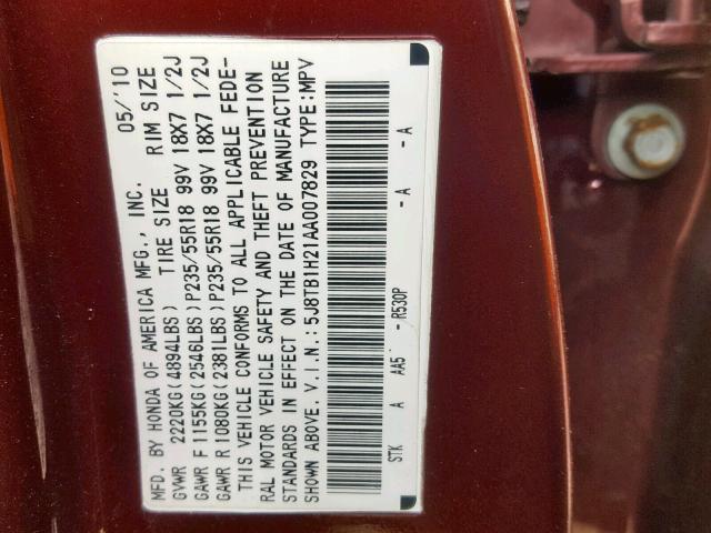 5J8TB1H21AA007829 - 2010 ACURA RDX BURGUNDY photo 10