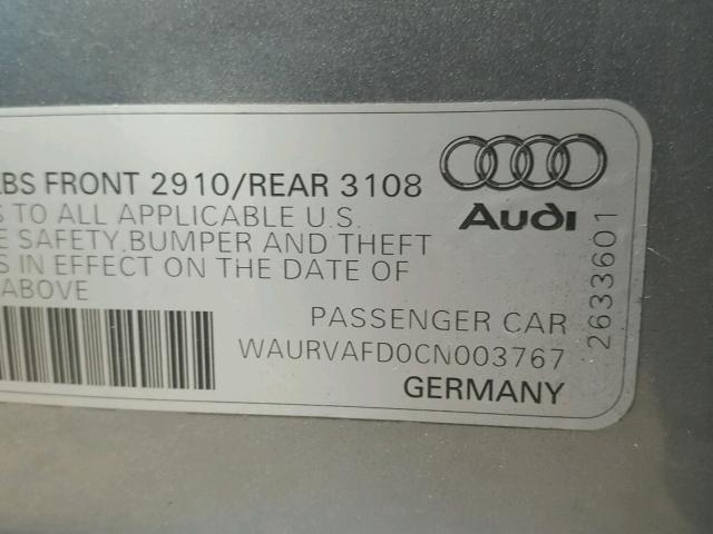 WAURVAFD0CN003767 - 2012 AUDI A8 L QUATT GRAY photo 10