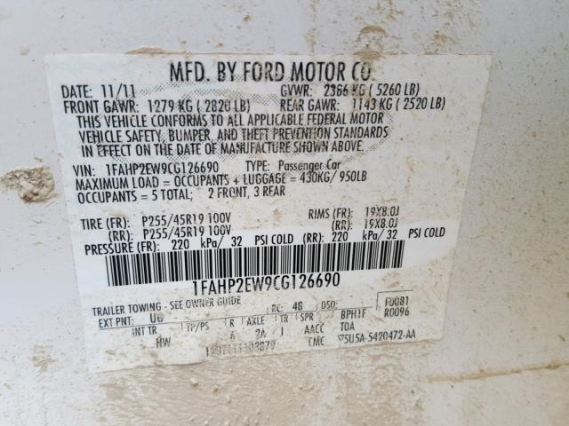 1FAHP2EW9CG126690 - 2012 FORD TAURUS SEL WHITE photo 10