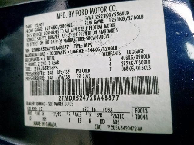 2FMDA52472BA48877 - 2002 FORD WINDSTAR S BLUE photo 10