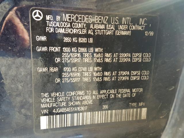 4JGAB54E5YA163617 - 2000 MERCEDES-BENZ ML 320 BLUE photo 10