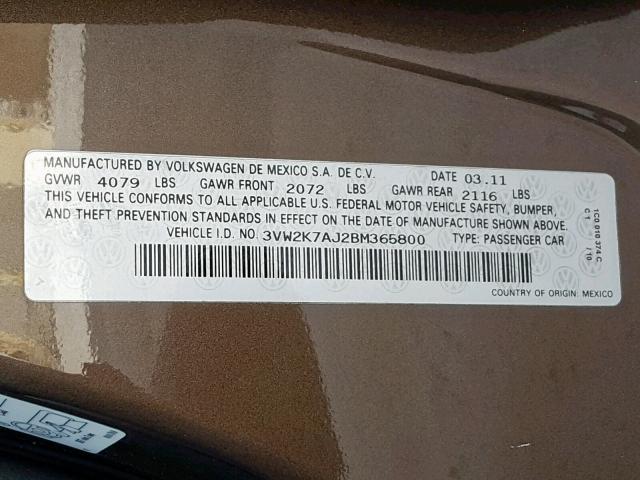 3VW2K7AJ2BM365800 - 2011 VOLKSWAGEN JETTA BASE BROWN photo 10
