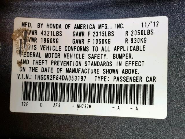 1HGCR2F84DA053197 - 2013 HONDA ACCORD EXL GRAY photo 10