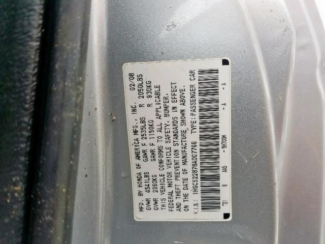 1HGCS22878A007766 - 2008 HONDA ACCORD EXL SILVER photo 10