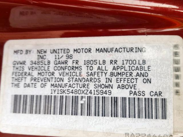 1Y1SK5480XZ415949 - 1999 CHEVROLET GEO PRIZM მუქწითელი ფოტო 10