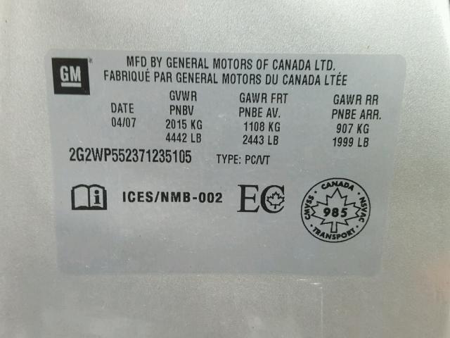 2G2WP552371235105 - 2007 PONTIAC GRAND PRIX SILVER photo 10