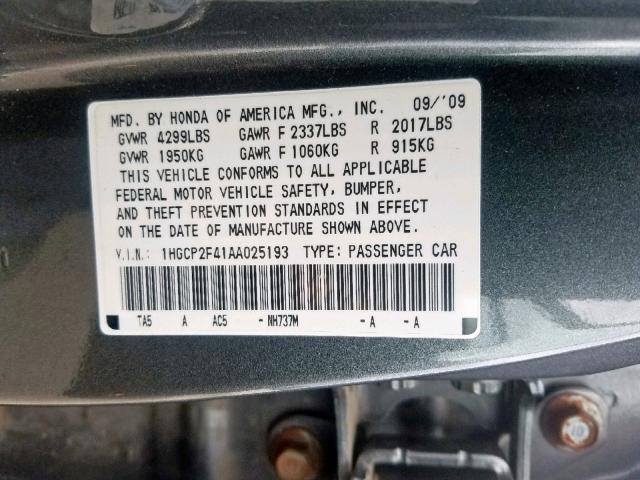 1HGCP2F41AA025193 - 2010 HONDA ACCORD LXP GRAY photo 10