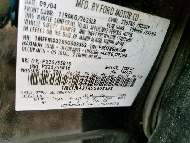 1MEFM431X5G602363 - 2005 MERCURY MONTEGO PR 黑色 照片 10