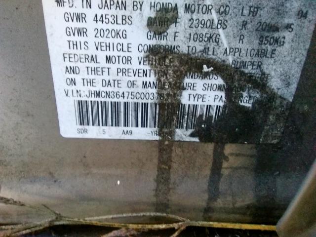 JHMCN36475C003783 - 2005 HONDA ACCORD HYB GOLD photo 10