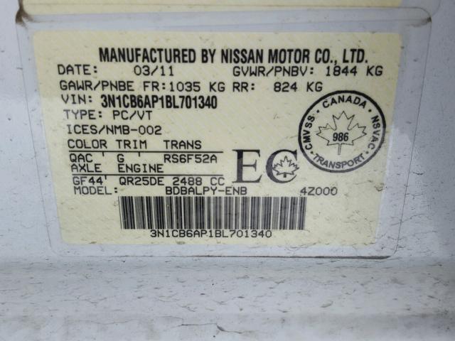 3N1CB6AP1BL701340 - 2011 NISSAN SENTRA SE- WHITE photo 10