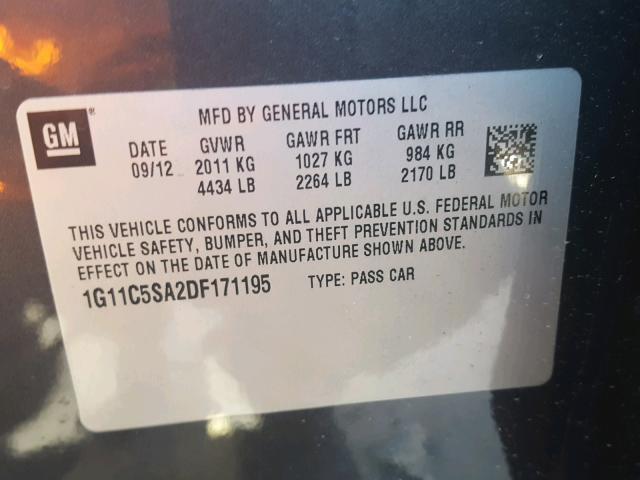 1G11C5SA2DF171195 - 2013 CHEVROLET MALIBU 1LT GRAY photo 10