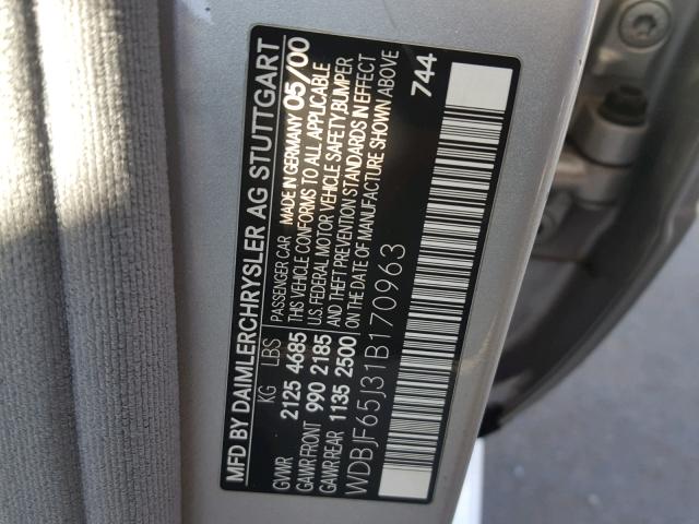 WDBJF65J31B170963 - 2001 MERCEDES-BENZ E 320 GRAY photo 10