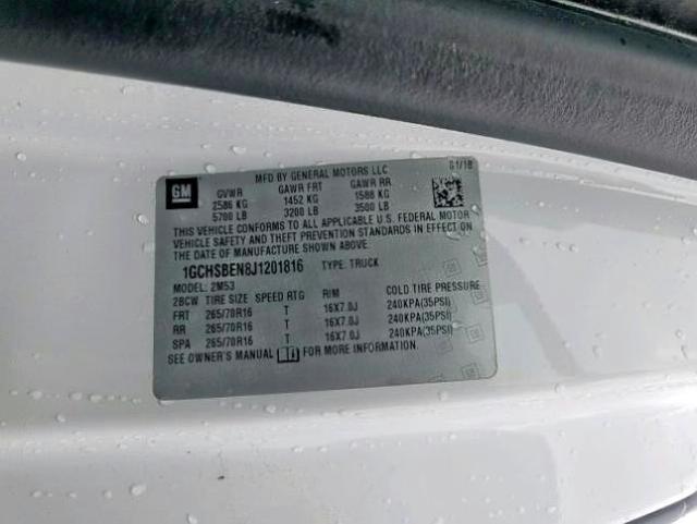 1GCHSBEN8J1201816 - 2018 CHEVROLET COLORADO WHITE photo 10