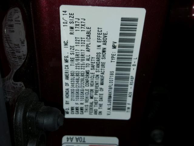 5J6RM4H78FL007185 - 2015 HONDA CR-V EXL RED photo 10