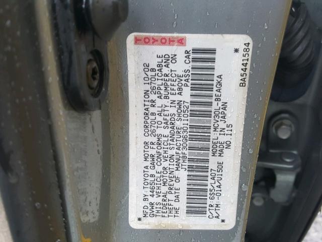 JTHBF30G630110527 - 2003 LEXUS ES 300 BLUE photo 10