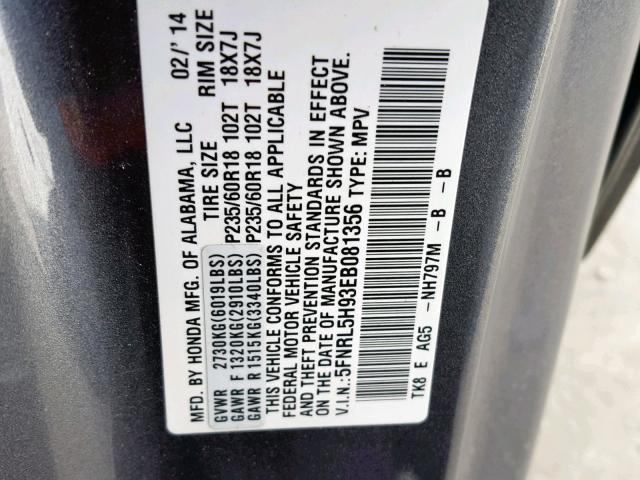 5FNRL5H93EB081356 - 2014 HONDA ODYSSEY TO GRAY photo 10