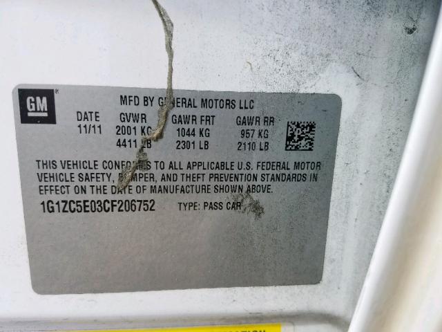 1G1ZC5E03CF206752 - 2012 CHEVROLET MALIBU 1LT 白色 照片 10