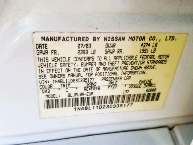 1N4BL11D23C335177 - 2003 NISSAN ALTIMA SE WHITE photo 10