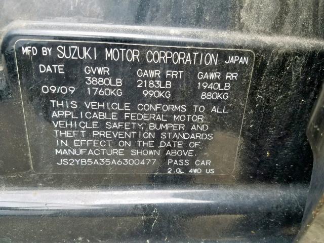 JS2YB5A35A6300477 - 2010 SUZUKI SX4 BLACK photo 10