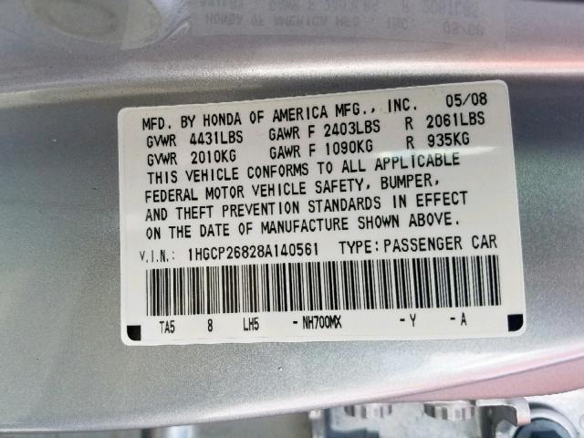 1HGCP26828A140561 - 2008 HONDA ACCORD EXL SILVER photo 10