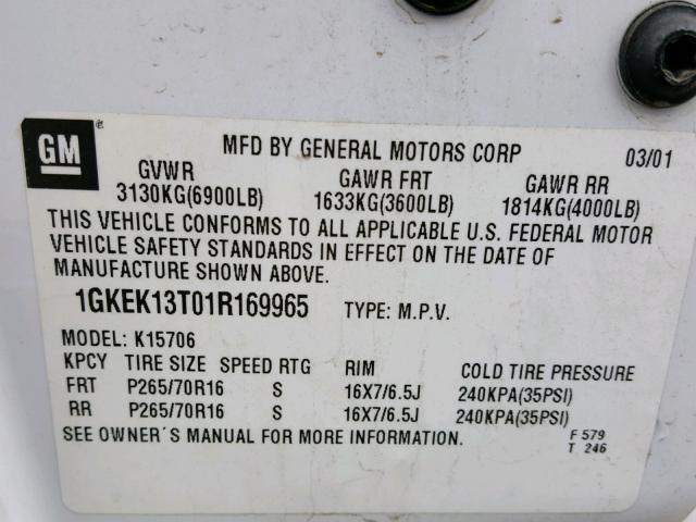 1GKEK13T01R169965 - 2001 GMC YUKON WHITE photo 10