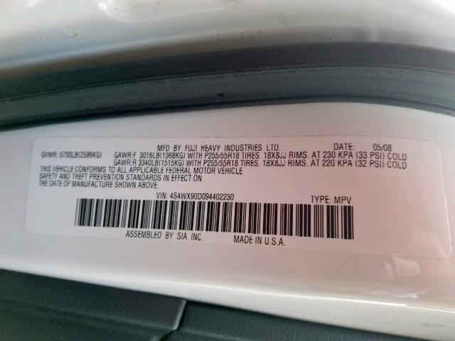 4S4WX90D094402230 - 2009 SUBARU TRIBECA LI 白色 照片 10