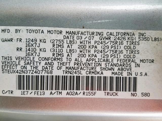 5TEUX42N37Z407768 - 2007 TOYOTA TACOMA ACC SILVER photo 10