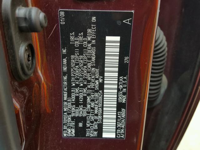 5TDBY68A18S006254 - 2008 TOYOTA SEQUOIA LI BURGUNDY photo 10